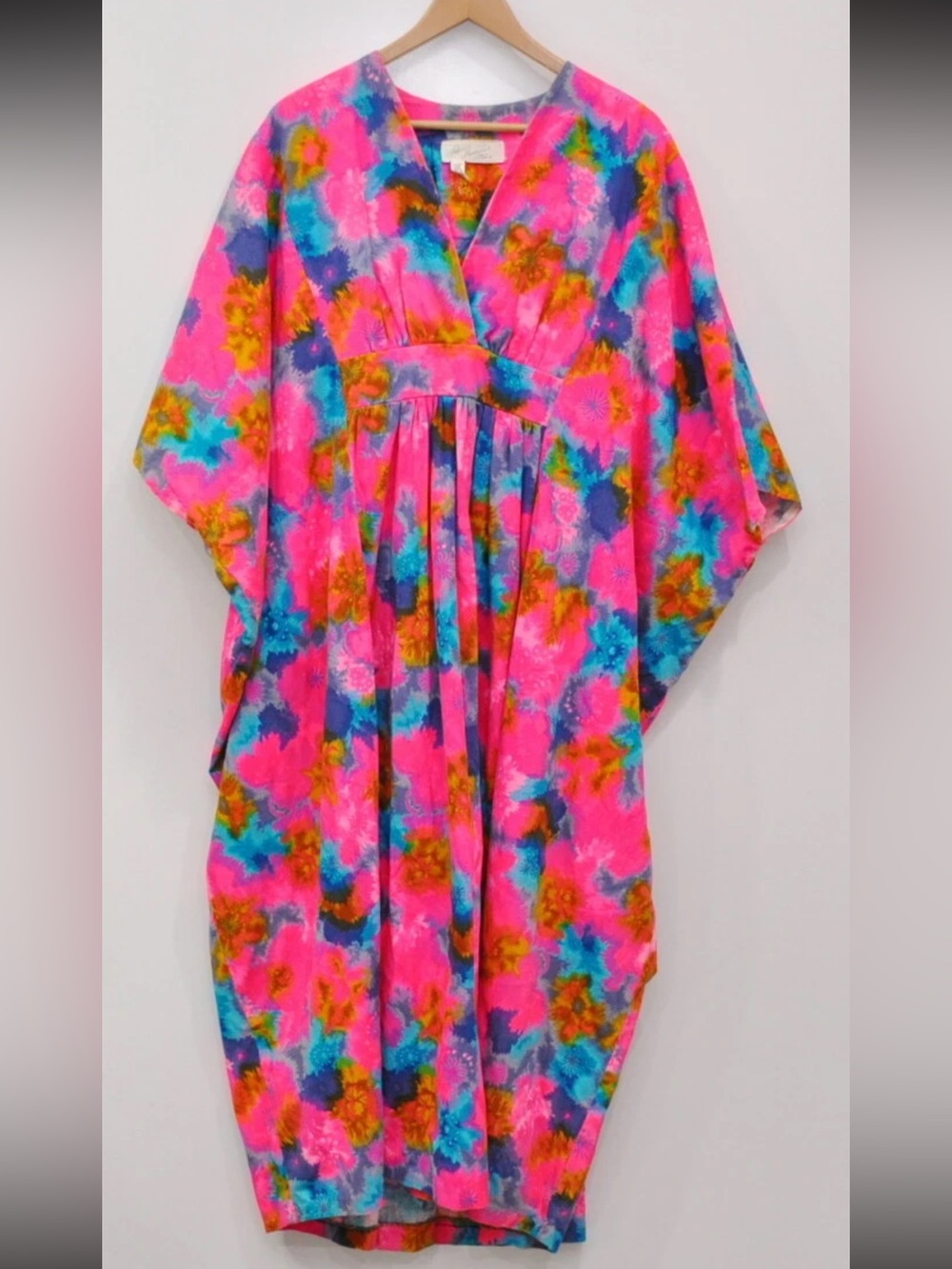 1960s Patricia Shoemaker Groovy Bright Pink Floral Caftan Dress Barkcloth